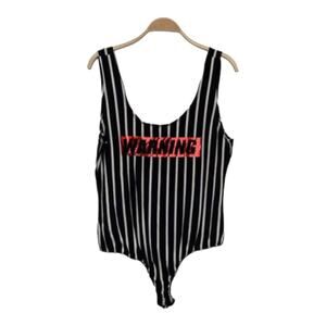 NEW FASHION NOVA WOMENS BLACK STRIPED WIDE STRAP ONE PIECE BODYSUIT SET SIZE 1X